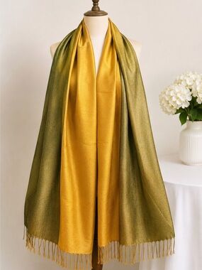 Silk & Pashmina Scarf – Golden Olive Elegance- NWT